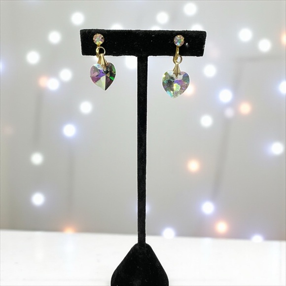 Vintage Aurora Borealis Heart Earrings - Picture 2 of 3